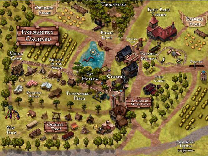 This map shows the complete layout of the Enchanted Orchard Renaissance Faire, which will be held at Red Apple Farm in Phillipston May 4 and 5.