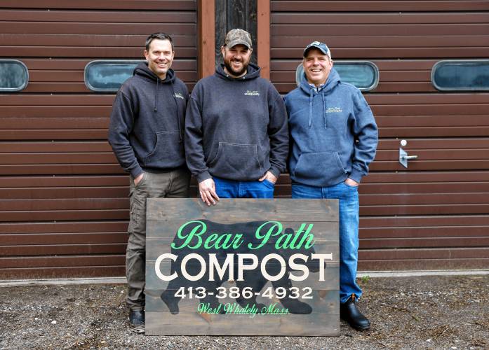 Bear Path Compost owners Mark Melnik, from left, Mike Mahar and Peter Melnik on Saturday morning in Whately.