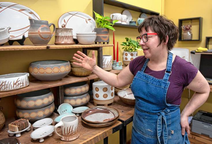 Tiffany Hilton in her Florence studio. She and other artists who are part of the Asparagus Valley Pottery Trail say a big attraction of the event is to have customers see the potters in the spaces where they create their work: “It makes it more personal.”